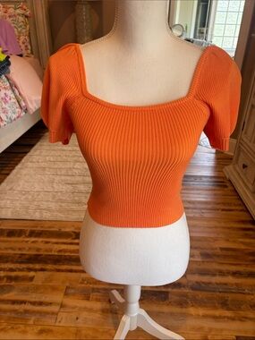 Women's Square Neck Ribbed Short Sleeve Top - Peach/Orange Color size small